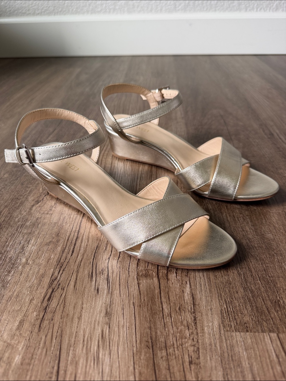 Nine West Metallic Gold Low Wedge Sandals with Ankle Strap